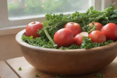 Una cocina vibrante y acogedora llena de ingredientes frescos y un ambiente cálido
