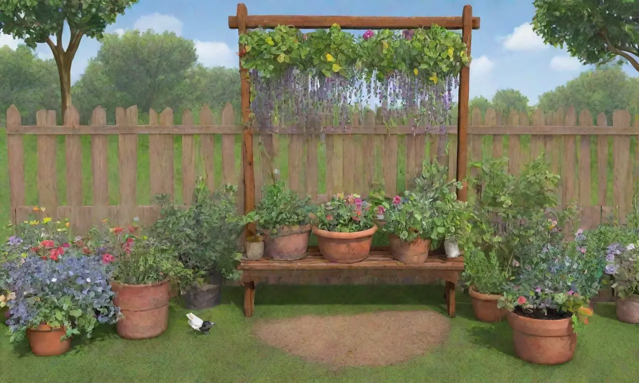 Un jardín vibrante y sereno lleno de plantas, flores, insectos y herramientas de jardinería