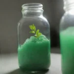 Frascos de laboratorio con extractos de menta y datos de experimentos sobre sus propiedades.