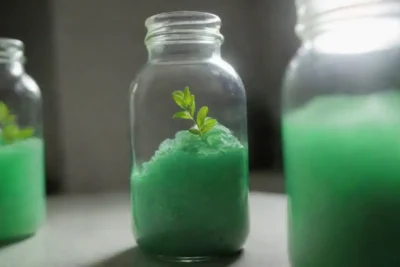 Frascos de laboratorio con extractos de menta y datos de experimentos sobre sus propiedades.