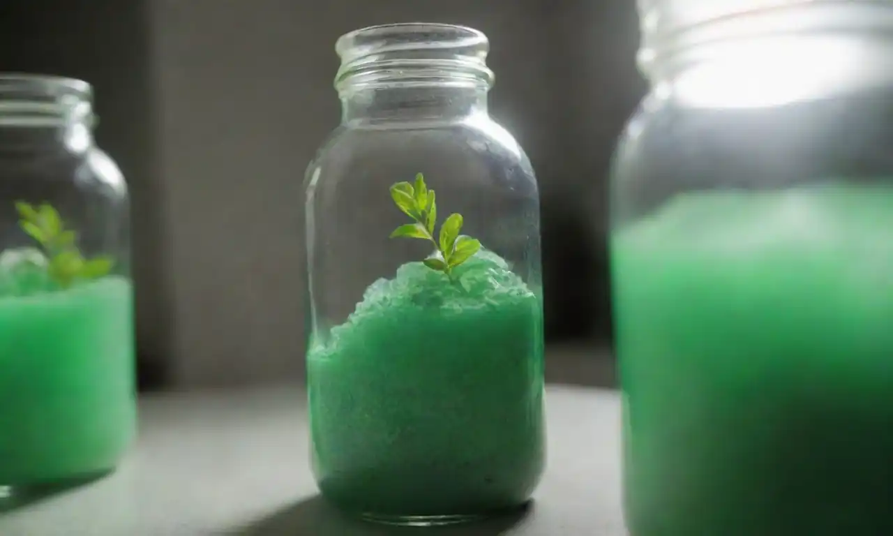 Frascos de laboratorio con extractos de menta y datos de experimentos sobre sus propiedades.