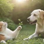 Un perro feliz y gato disfrutando alegremente Moringa hojas en un jardín soleado.