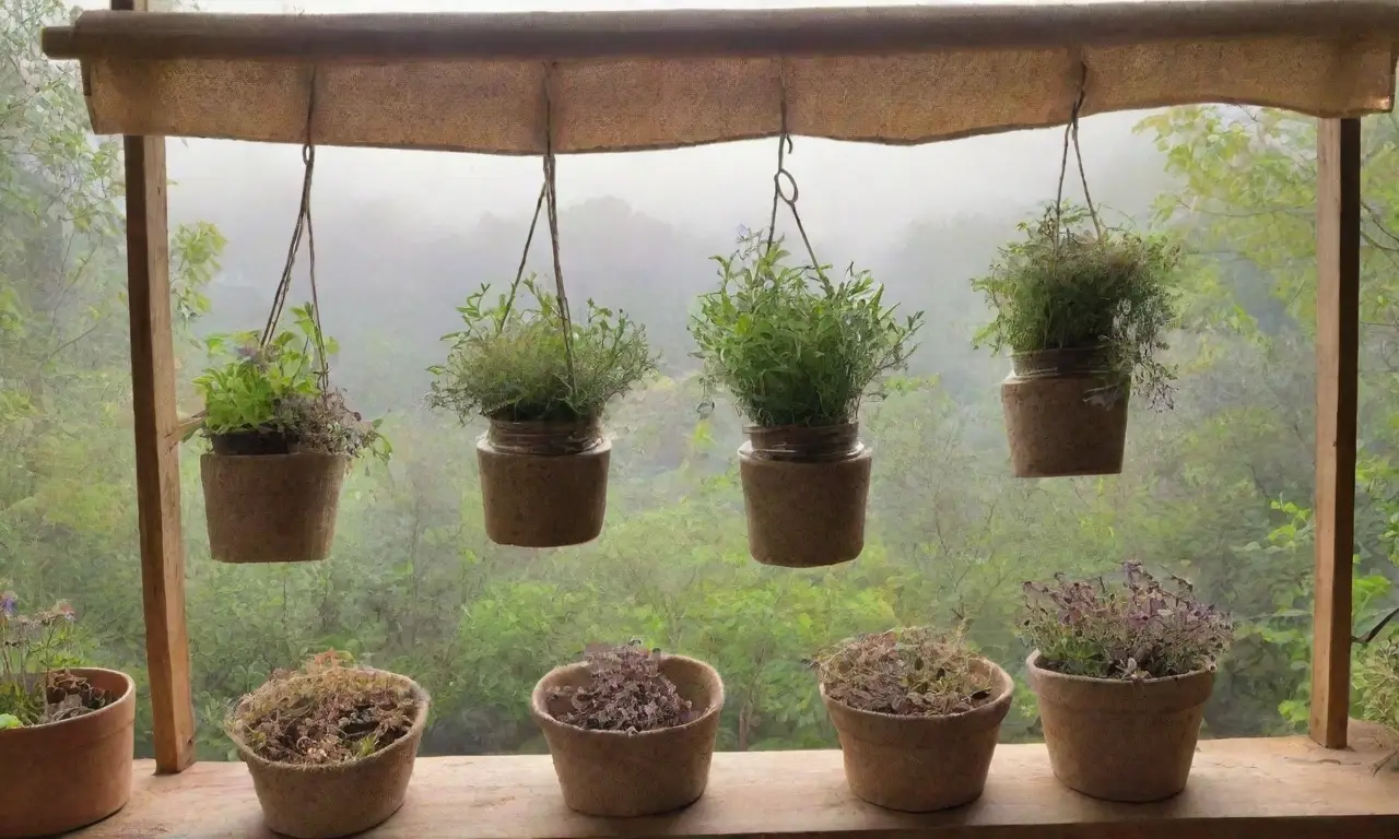 Un jardín sereno y vibrante con hierbas secas, semillas y luz suave