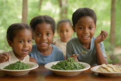 Una comida saludable con hojas de moringa con niños felices disfrutando de la comida.