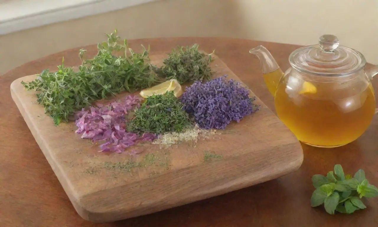 Un acogedor ambiente de cocina con flores coloridas, hierbas frescas y una tetera humeante
