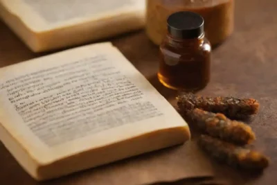 Cerrar extracto de própolis con textos médicos antiguos y remedios naturales en el fondo.
