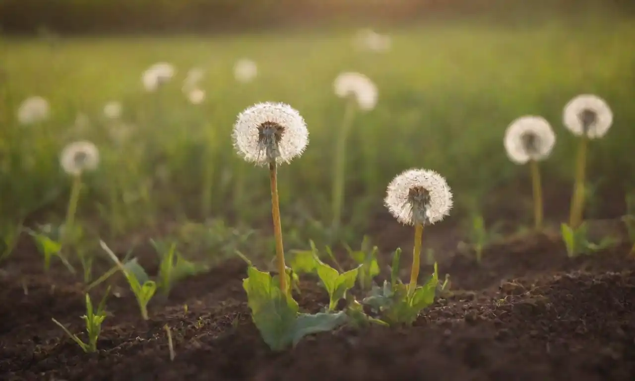 Dandeliones saludables que prosperan en suelo rico bajo la luz solar óptima.