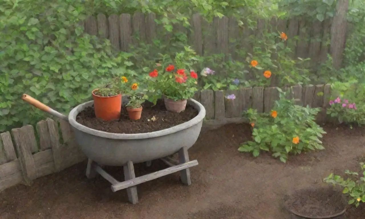 Un jardín vibrante con ceniza, hojas verdes, flores coloridas y herramientas de jardinería