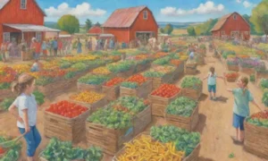 Un mercado agrícola vibrante con campos verdes
