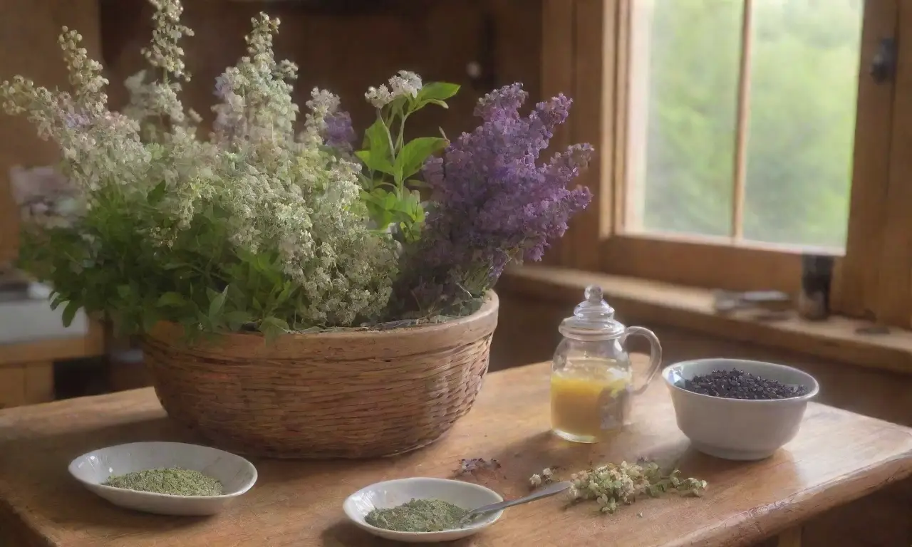 Un acogedor rincón de cocina con hierbas, flores, té y un ambiente tranquilo