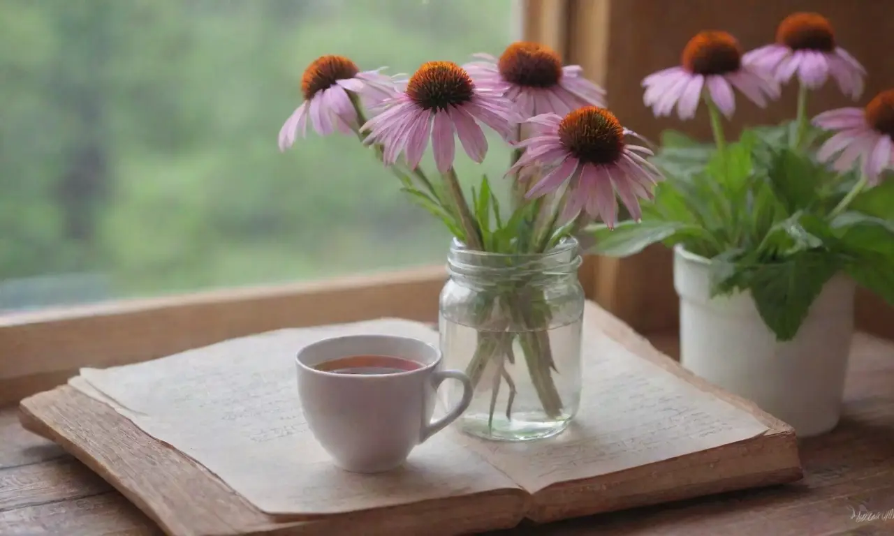 Un ambiente tranquilo con flores de Echinacea, té humeante y un toque de naturaleza