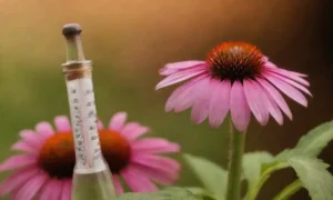 Una botella de suplemento de equinácea junto a un termómetro y hierbas.
