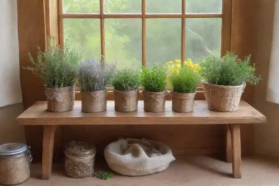 Una mesa rústica con plantas medicinales