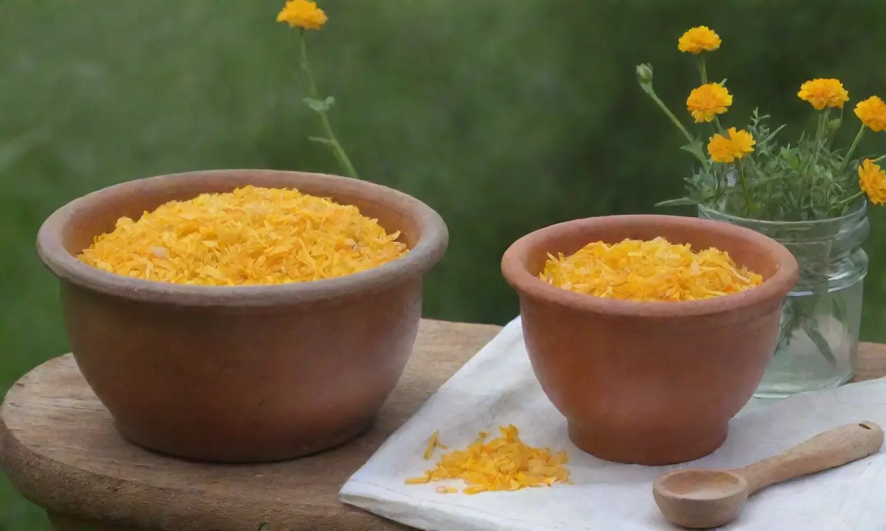 Un espacio tranquilo con flores de caléndula y ingredientes naturales para un bálsamo curativo