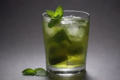 Un vaso de té verde refrigerado con hojas de menta frescas y cubos de hielo.