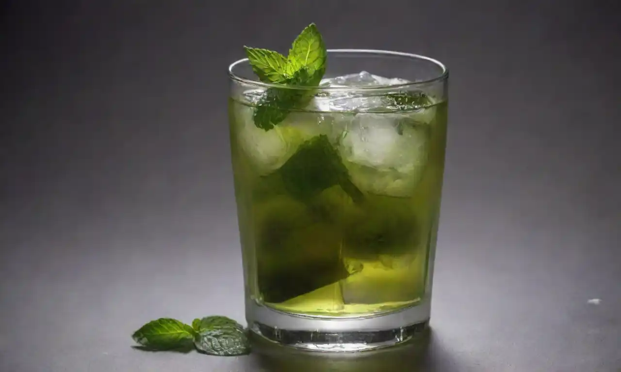 Un vaso de té verde refrigerado con hojas de menta frescas y cubos de hielo.