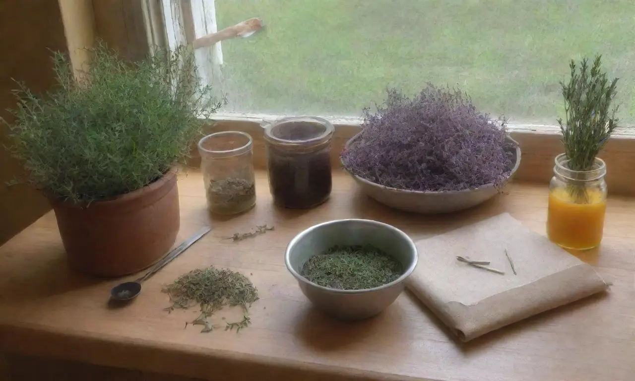 Una acogedora cocina rústica llena de hierbas, utensilios y un ambiente creativo