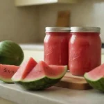 Jars de sandía conserva en un mostrador de cocina con sandías frescas cercanas.