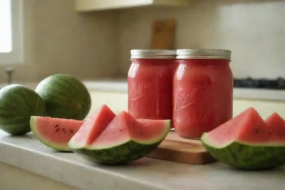 Jars de sandía conserva en un mostrador de cocina con sandías frescas cercanas.