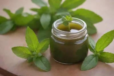 Un frasco de ungüento casero colocado junto a hojas de menta frescas y un masaje relajante.