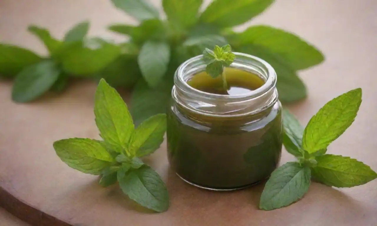 Un frasco de ungüento casero colocado junto a hojas de menta frescas y un masaje relajante.
