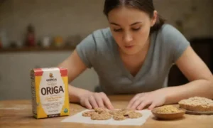 Una persona que examina un producto sin gluten etiquetado ortiga en una mesa con ingredientes saludables.