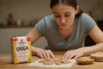 Una persona que examina un producto sin gluten etiquetado ortiga en una mesa con ingredientes saludables.