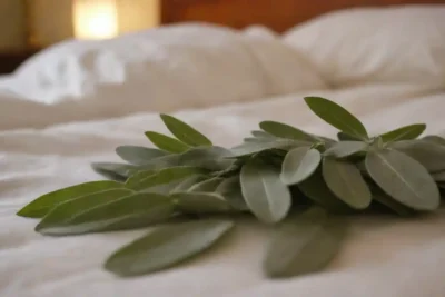Una escena de dormitorio serena con hojas de salvia y un ambiente calmante que promueve el sueño.