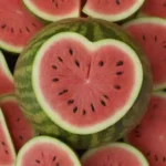 Una rebanada de sandía fresca rodeada de símbolos digestivos de salud