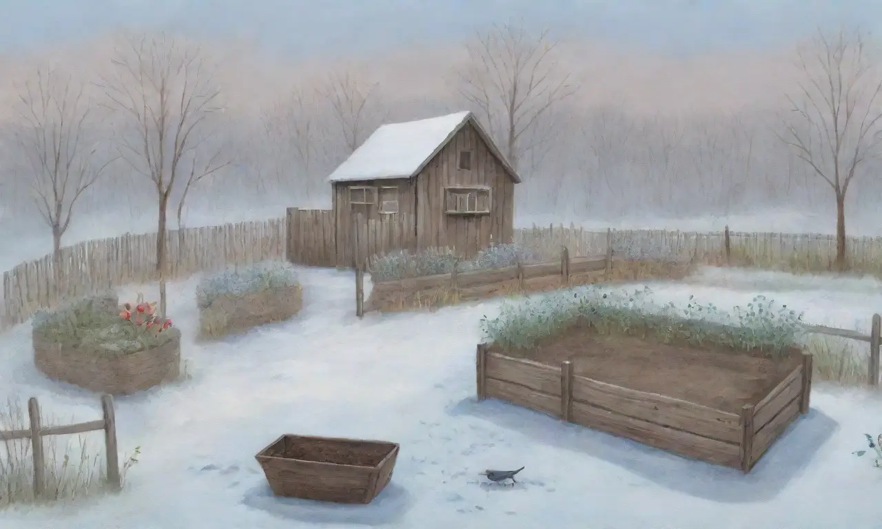 Un paisaje invernal sereno con nieve, árboles desnudos, un jardín pequeño y un acogedor cottage