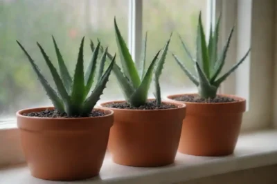 Una variedad de plantas de aloe en macetas decorativas en una ventana.