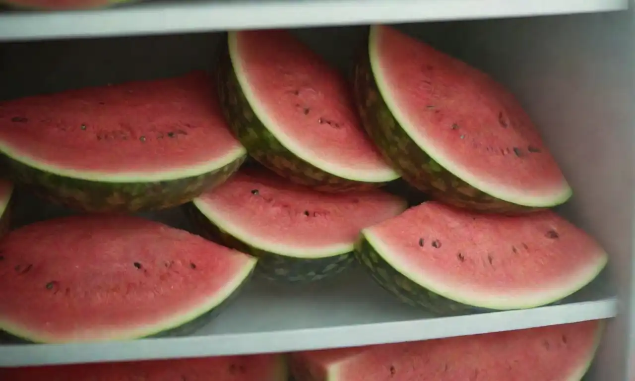 Melón de agua reprimido almacenado en un recipiente hermético claro en el refrigerador.