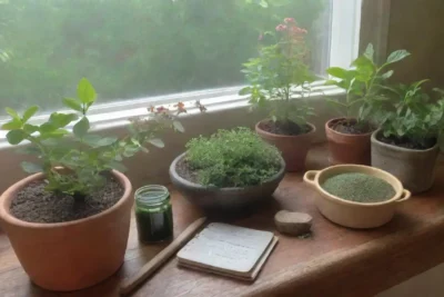 Un jardín herbal sereno con hojas verdes