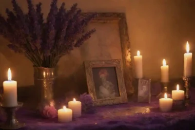 Flores de lavanda decorativa en un altar rodeado de velas y fotografías para el Día de los Muertos.
