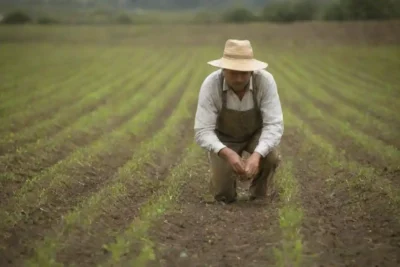 Un agricultor aplicando prácticas sostenibles en un campo de manzanilla.