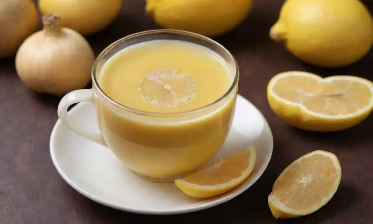 Taza de té de manzanilla humeante con ingredientes naturales alrededor.