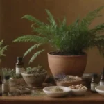 Muestra de plantas Pimpinela junto con remedios herbarios tradicionales y artículos de bienestar.