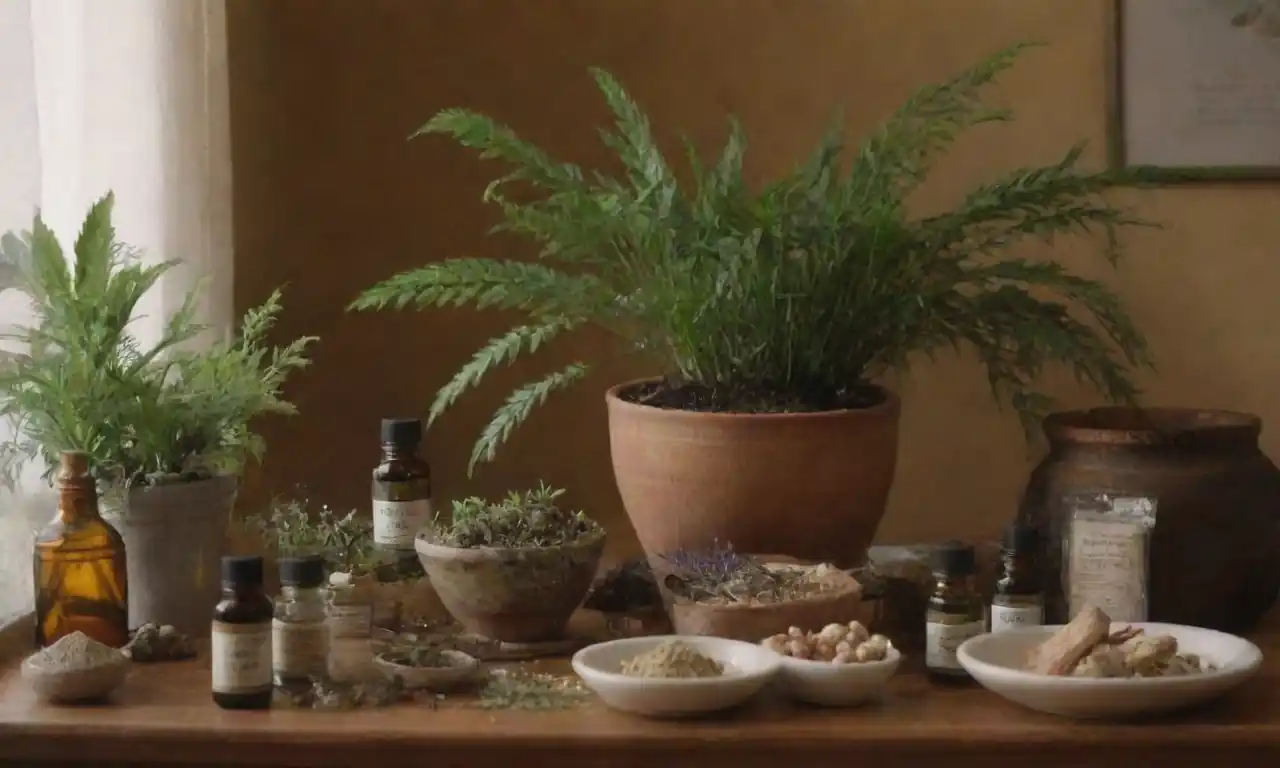 Muestra de plantas Pimpinela junto con remedios herbarios tradicionales y artículos de bienestar.
