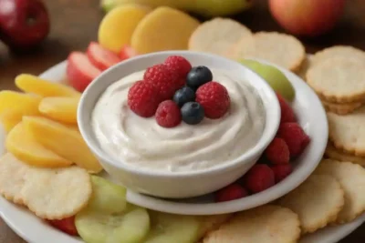 Un cuenco de turba cremosa rodeado de rodajas de fruta fresca y galletas.
