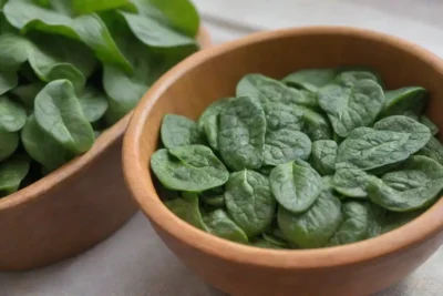 Un tazón rústico con espinacas frescas y otros ingredientes resalta un ambiente acogedor y saludable en la cocina