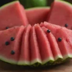 Sliced sandía con rellenos de fruta colorida y adornos en una mesa.