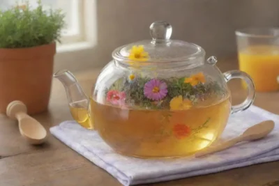Un ambiente acogedor de té con flores