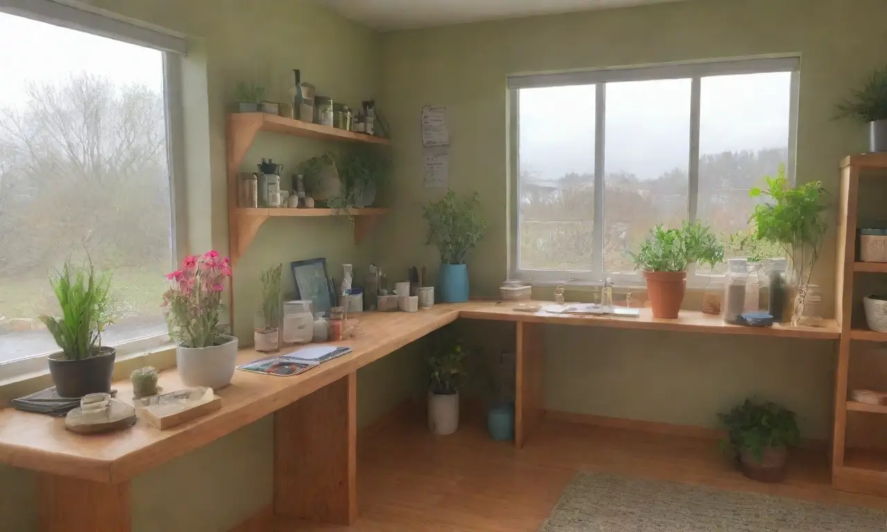 Una clínica serena con luz natural, plantas, libros médicos, y un ambiente acogedor que fusiona naturaleza y medicina moderna