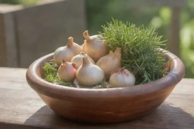 Un bulbo de ajo brillante en un tazón rústico rodeado de hierbas frescas y un ambiente acogedor de cocina