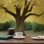 Un árbol de ginkgo biloba con sus hojas y una persona que disfruta del té hecho de sus extractos.