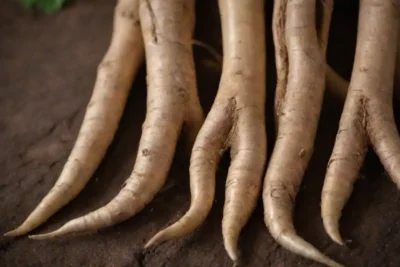 Un acercamiento de las raíces de ginseng con texto mito-busting e imágenes que los rodean.