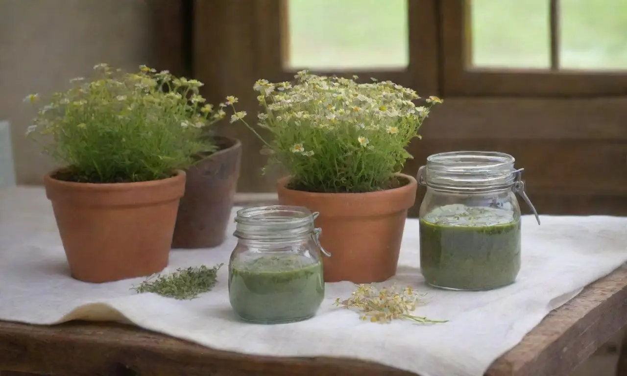 Un rincón sereno con flores de manzanilla, luz suave y elementos naturales que invitan a la relajación
