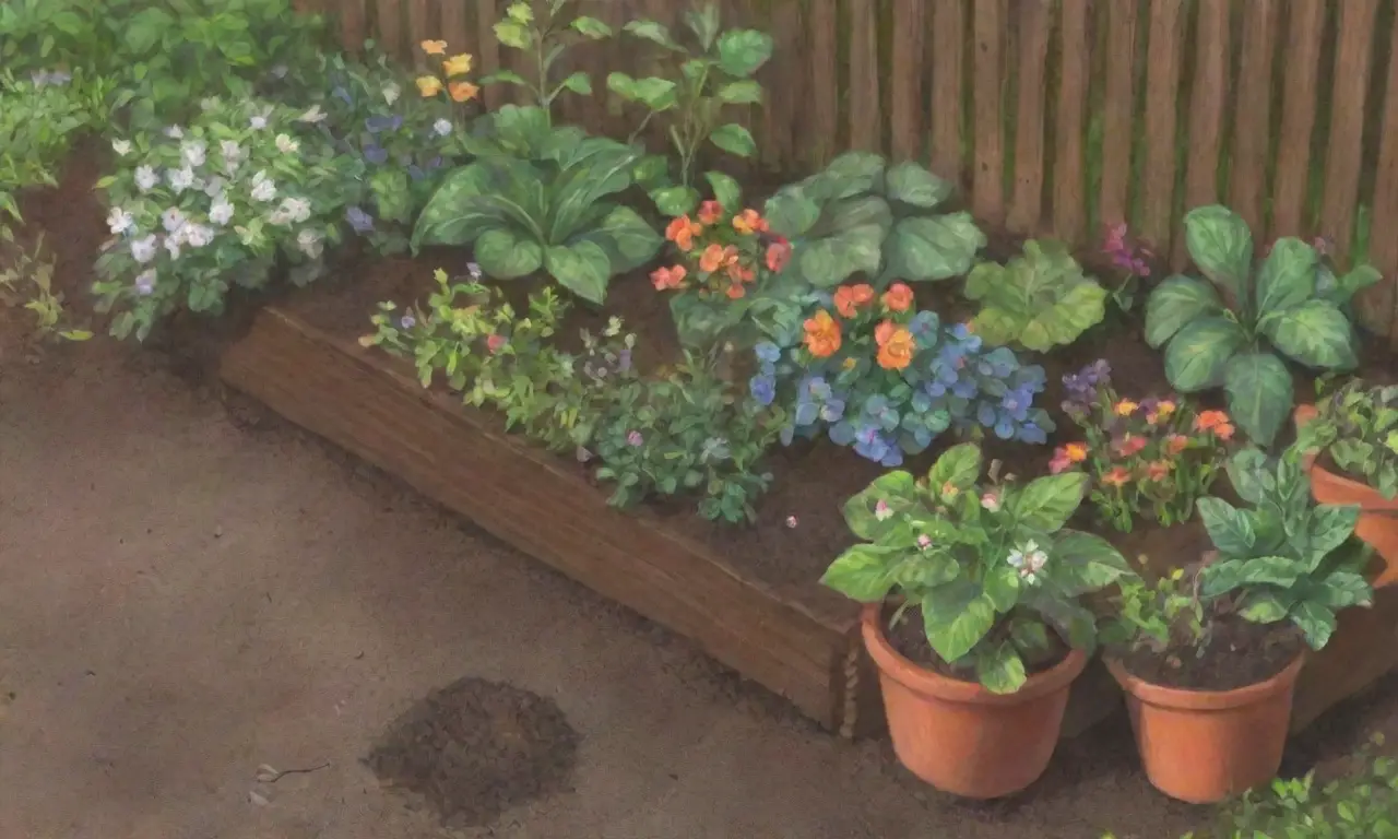 Un jardín vibrante y sereno lleno de hojas verdes, flores coloridas y vida