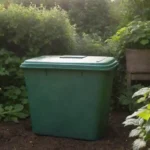Guía detallada sobre la composición de botellas con exuberante fondo de jardín y cubo de compost.