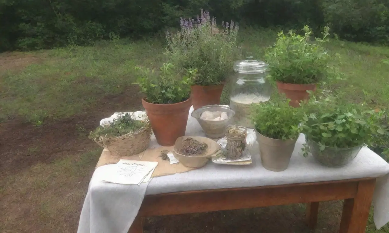 Un jardín sereno con hierbas frescas, luz del sol y una mesa rústica